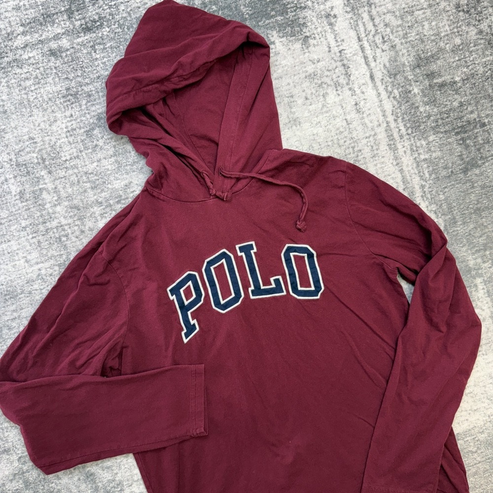 Polo Ralph Lauren Hoodie T-Shirt Mens Medium Maroon Varsity Spell Out Logo Shirt